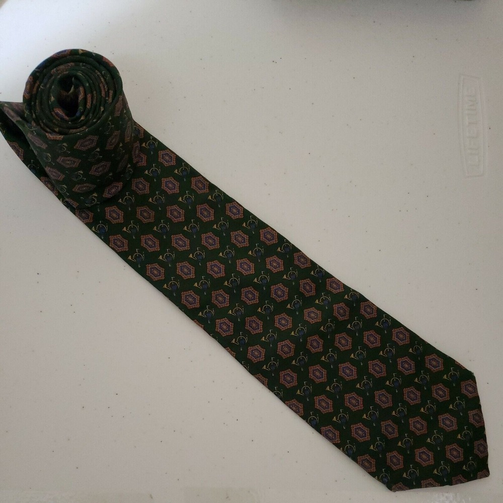 Vintage Tom James Neck Tie Green Gold French Horn Sports Silk Made in USA